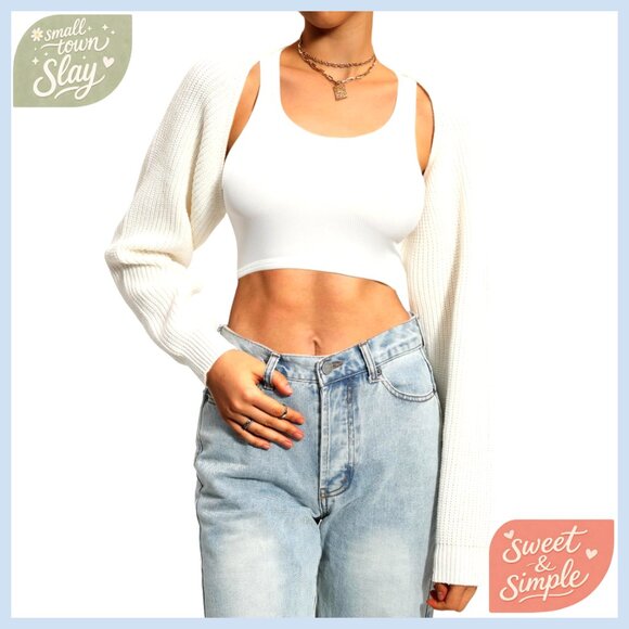 Sweaters - Knit Bolero Shoulder Shrug Sweater Long Sleeve Open Cropped Cardigan